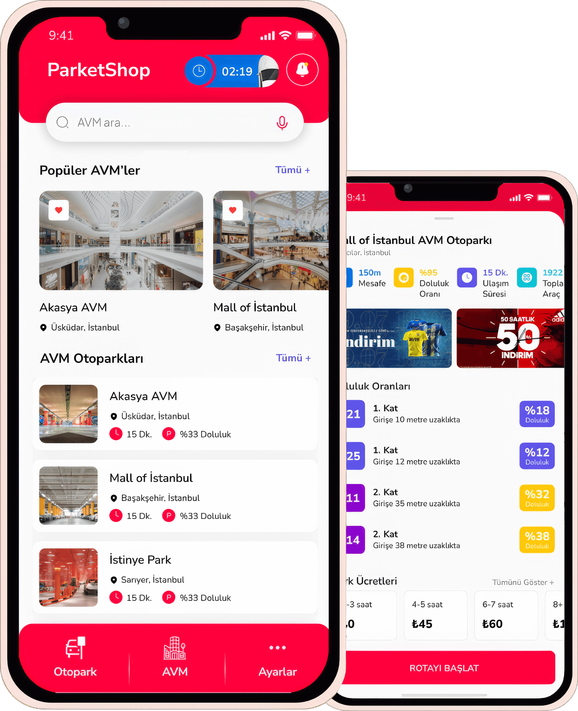 ParketShop uygulamasının iki telefon ekranı